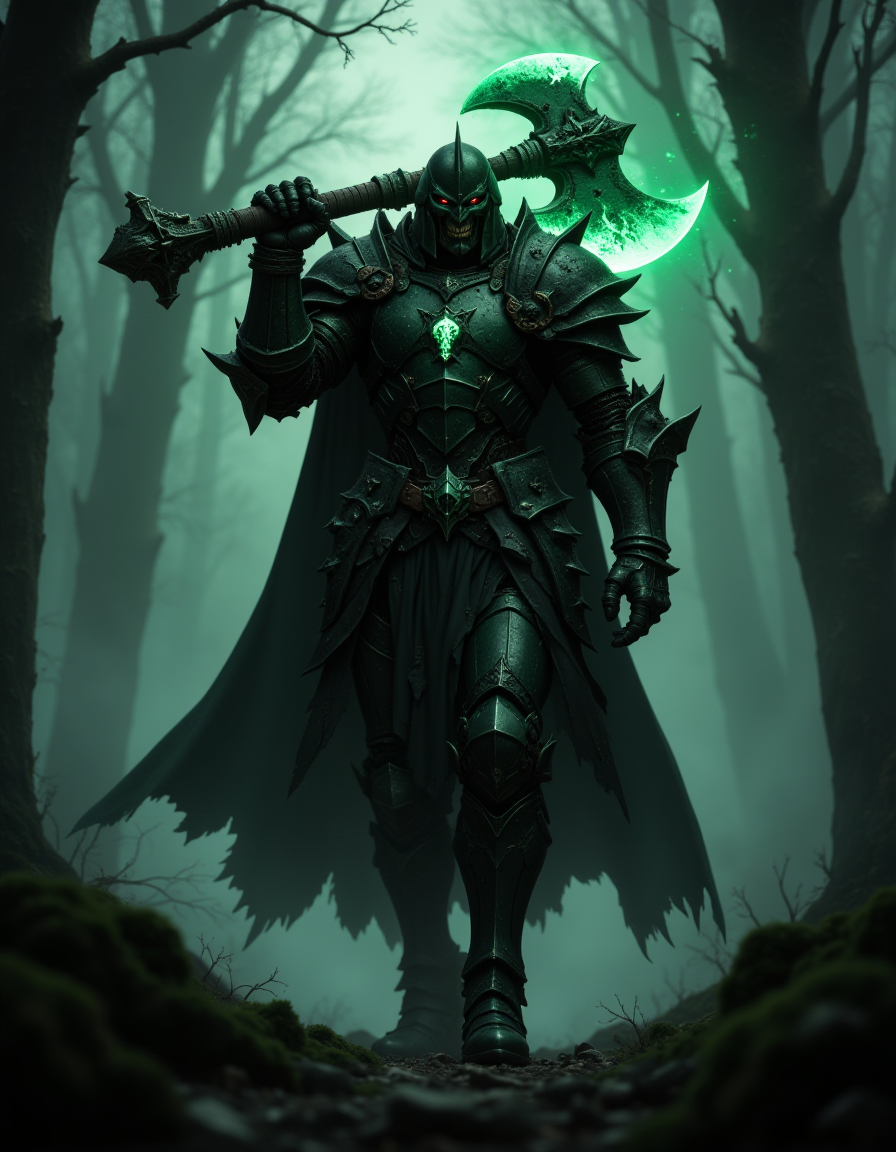 A orc knight holding a green glowing orc axe on his shoulder, black and dark green armor, , walking, forest background, black cape, fog, dark scene, cinematic, FredFraiStyle
