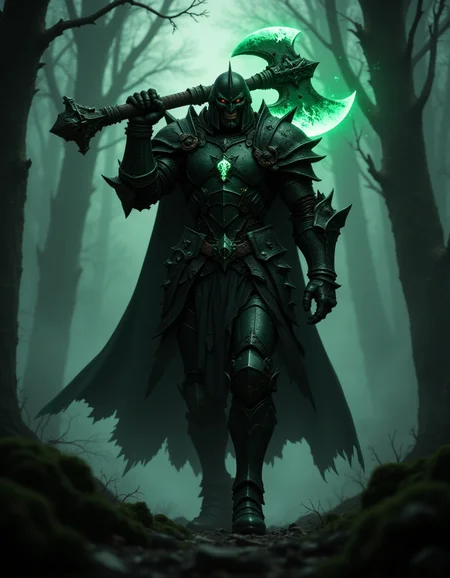 A orc knight holding a green glowing orc axe on his shoulder, black and dark green armor, , walking, forest background, black cape, fog, dark scene, cinematic, FredFraiStyle