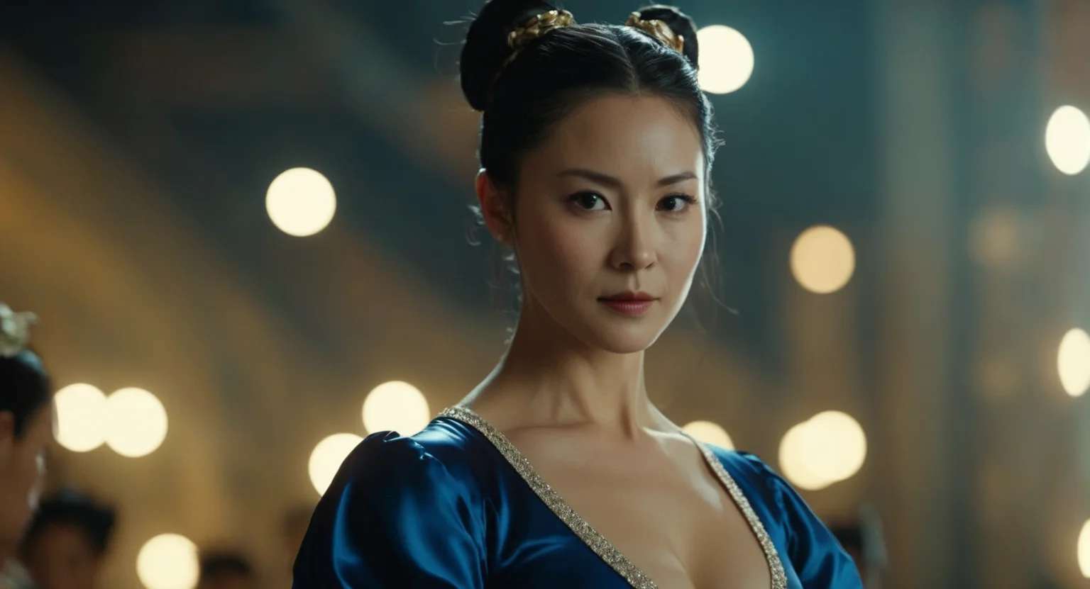 cinematic film still of Cinematic Film stock footage in (arri alexa style) Kodak film print, <lora:chun li:1> Chun-Li a woman in a costume is posing for a picture, shallow depth of field, vignette, highly detailed, high budget, bokeh, cinemascope, moody, epic, gorgeous, film grain, grainy