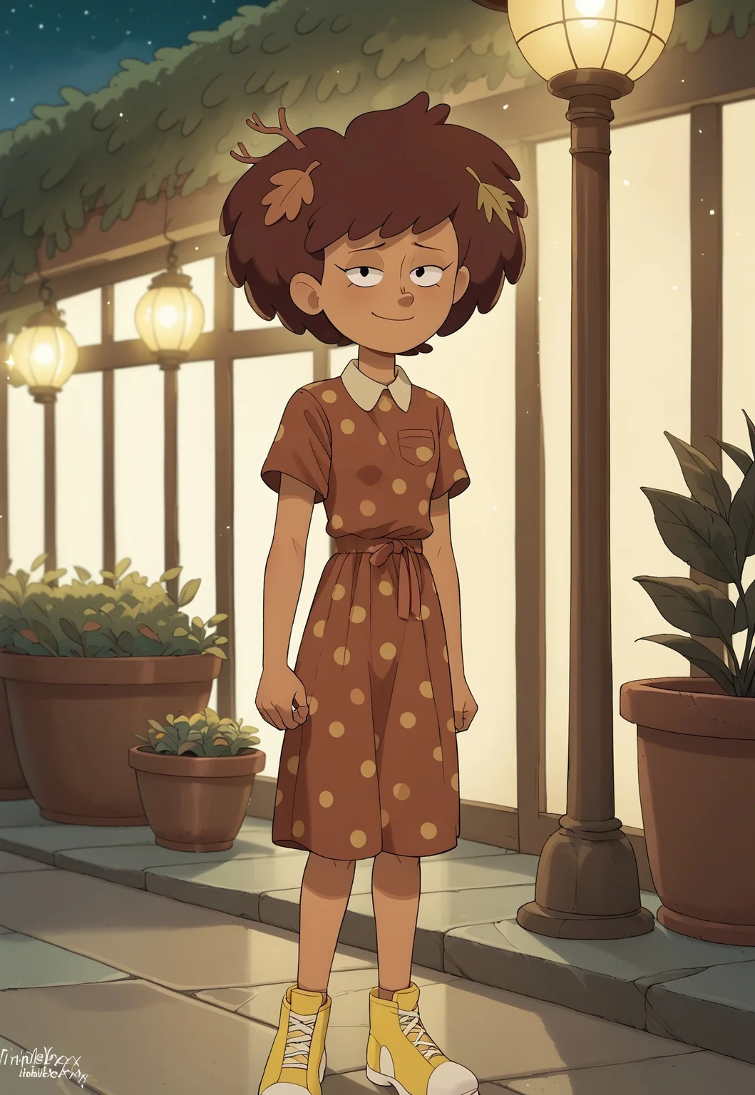score_9, score_8, score_7, score_6,
triplevexx, solo, anneboonchuy, brown hair, dark-skinned female, leaf hair ornament, short hair
Outfit: A retro polka dot dress with a cinched waist and a pair of classic Mary Jane shoes.
Scenery: A quaint café with outdoor seating, surrounded by potted plants and fairy lights strung overhead.
Lighting: Soft, warm light from the café’s lanterns, creating an inviting and cozy ambiance.