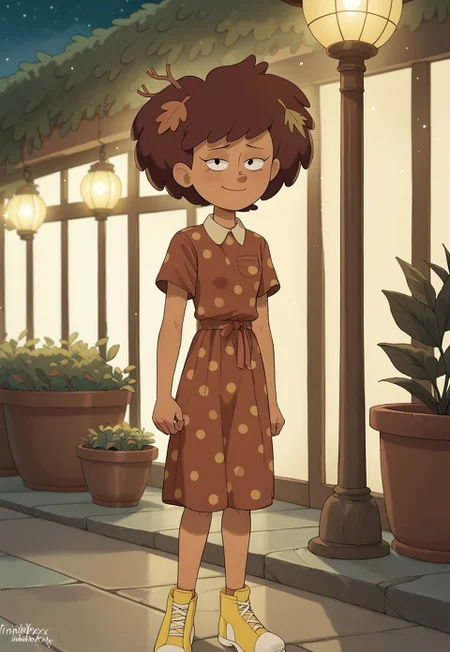 score_9, score_8, score_7, score_6,
triplevexx, solo, anneboonchuy, brown hair, dark-skinned female, leaf hair ornament, short hair
Outfit: A retro polka dot dress with a cinched waist and a pair of classic Mary Jane shoes.
Scenery: A quaint café with outdoor seating, surrounded by potted plants and fairy lights strung overhead.
Lighting: Soft, warm light from the café’s lanterns, creating an inviting and cozy ambiance.