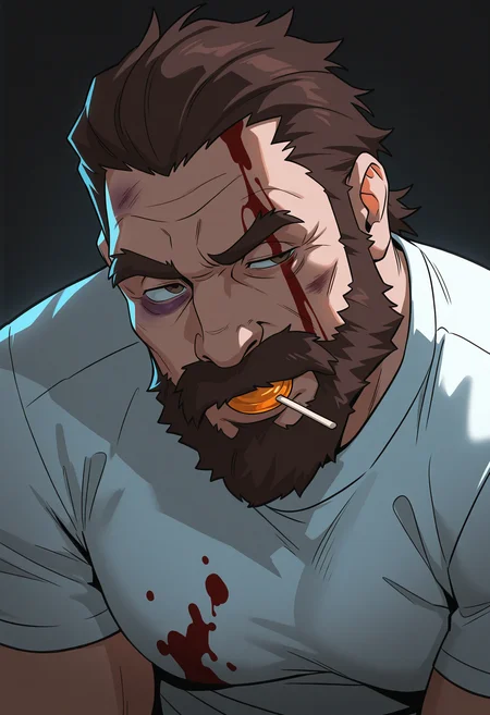 1boy, old man, portrait, <lora:PoolpartyIL:1> PoolpartyGraves, brown hair, beard, long sideburns,
BREAK
looking up, (head down:1.25), looking to the side, lazy eye, head tilt, lollipop,
BREAK
short sleeves, white shirt, blood on clothes, bruise on face, bruised eye, blood,
BREAK
thick eyebrows, thick mustache, large pectorals, thick arms,
BREAK
best quality, masterpiece, very aesthetic, absurdres, highest detailed, very awa, detailed background, dark background, high contrast,