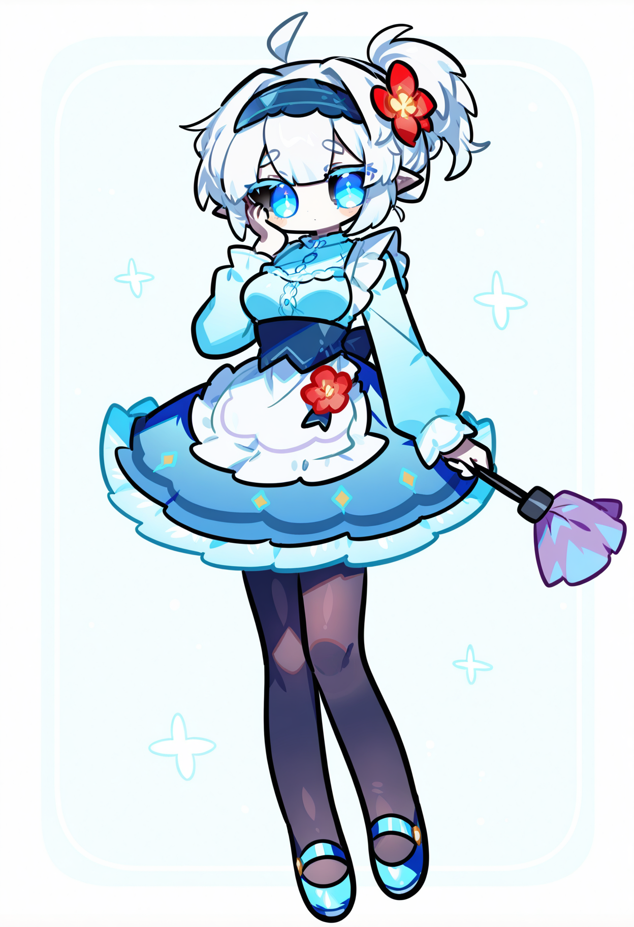 solo, ahoge,chibi,
1girl, pale skin, white hair, long bang ponytail, pointed ears, blue eyes, black sclera, medium breasts, 
full body, holding,  standing, hand on own face,hand up,   looking at viewer, 
pantyhose, long sleeves, flower, blue footwear, frills,  duster, shoes, dress, apron,  blue dress,  hairband, red flower, frilled dress, hair ornament, 
masterpiece,best quality,amazing quality, <lora:omoyunakyu715-_style_Illustrious:1>, omoyu_nakyu715,