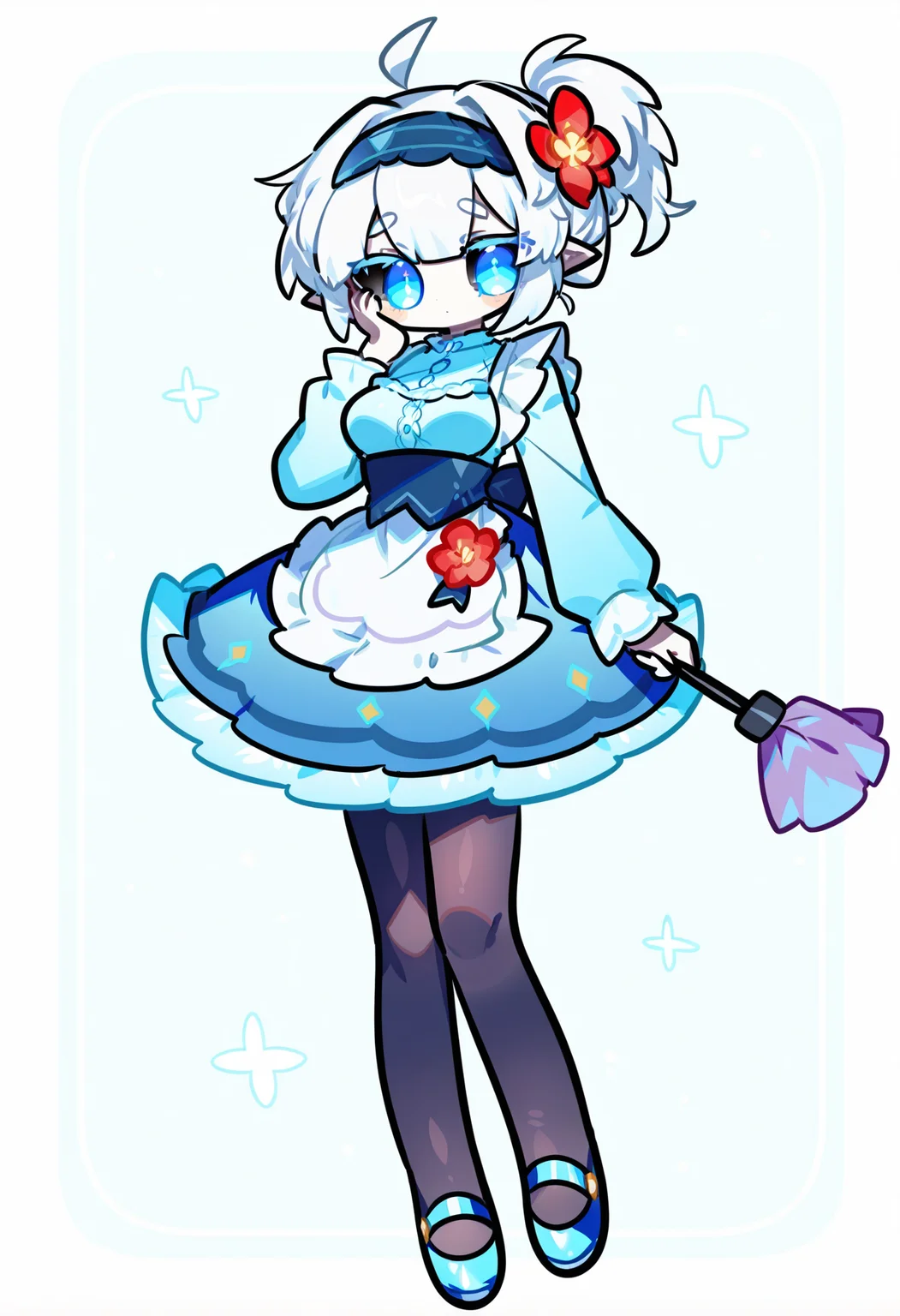solo, ahoge,chibi,
1girl, pale skin, white hair, long bang ponytail, pointed ears, blue eyes, black sclera, medium breasts,
full body, holding, standing, hand on own face,hand up, looking at viewer,
pantyhose, long sleeves, flower, blue footwear, frills, duster, shoes, dress, apron, blue dress, hairband, red flower, frilled dress, hair ornament,
masterpiece,best quality,amazing quality, <lora:omoyunakyu715-_style_Illustrious:1>, omoyu_nakyu715,