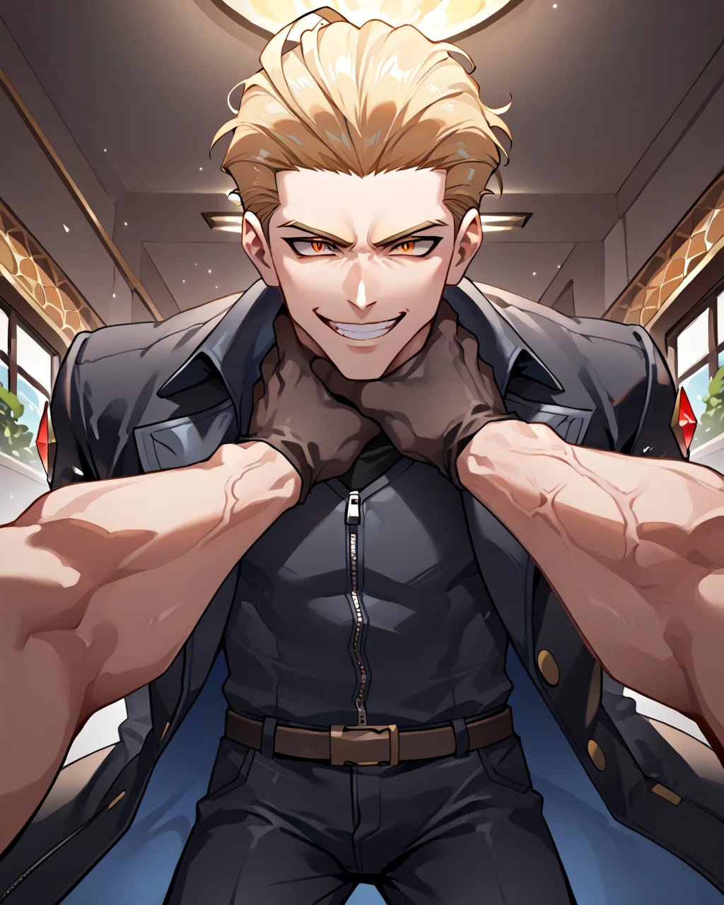 PonyScores7, source_anime, ah1, best quality, (masterpiece:1.4), (high quality:1.4), sharp focus, 4k, absurd resolution, <lora:albertwesker-guy-PONYv1:0.8> albertwesker, albert wesker, 1boy, blonde, black gloves, (sunglasses:1.3), belt, black coat, black pants, looking at viewer, toned, athletic, fit, slicked back hair, black turtleneck, zipper, mature male, black boots, bad-hands-5, (evil smile), <lora:xl_more_art-full_v1:0.2>, <lora:shinyskin2:0.2> glistening skin, <lora:aesthetic_anime_v1s:0.2>, <lora:Expressive_H:0.2> Expressiveh, <lora:hairdetailpxl:0.2> hairdetailpxl, <lora:detailxl:0.2> detailxl, (focused, intense glare), slit pupils, short hair, (reddish orange eyes), best quality, amazing quality, best aesthetic, absurdres, <lora:expressive eyes:0.2> expressive eyes, <lora:eyedetailpxl:0.2> eyedetailpxl, illustration, Volumetric_Lighting, ultra-detailed, very aesthetic, intricate details, 8k, masterpiece, best_quality, (angular face, sharp_featured face), <lora:Eyes_High_Definition:0.2> EyesHD, <lora:Choking_for_Pony:1> ((choking)), (((2boys, multiple boys))), (((hands pov))), laughing, (((POV))), crazy smile, <lora:middle-finger-ponyxl-lora-nochekaiser:0.8> middle finger,