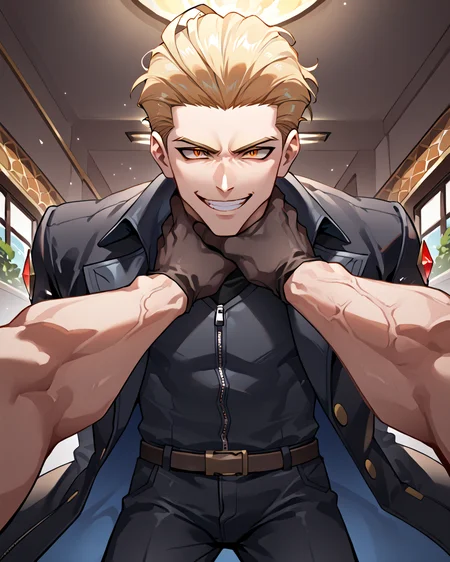 PonyScores7, source_anime, ah1, best quality, (masterpiece:1.4), (high quality:1.4), sharp focus, 4k, absurd resolution, <lora:albertwesker-guy-PONYv1:0.8> albertwesker, albert wesker, 1boy, blonde, black gloves, (sunglasses:1.3), belt, black coat, black pants, looking at viewer, toned, athletic, fit, slicked back hair, black turtleneck, zipper, mature male, black boots, bad-hands-5, (evil smile), <lora:xl_more_art-full_v1:0.2>, <lora:shinyskin2:0.2> glistening skin, <lora:aesthetic_anime_v1s:0.2>, <lora:Expressive_H:0.2> Expressiveh, <lora:hairdetailpxl:0.2> hairdetailpxl, <lora:detailxl:0.2> detailxl, (focused, intense glare), slit pupils, short hair, (reddish orange eyes), best quality, amazing quality, best aesthetic, absurdres, <lora:expressive eyes:0.2> expressive eyes, <lora:eyedetailpxl:0.2> eyedetailpxl, illustration, Volumetric_Lighting, ultra-detailed, very aesthetic, intricate details, 8k, masterpiece, best_quality, (angular face, sharp_featured face), <lora:Eyes_High_Definition:0.2> EyesHD, <lora:Choking_for_Pony:1> ((choking)), (((2boys, multiple boys))), (((hands pov))), laughing, (((POV))), crazy smile, <lora:middle-finger-ponyxl-lora-nochekaiser:0.8> middle finger,