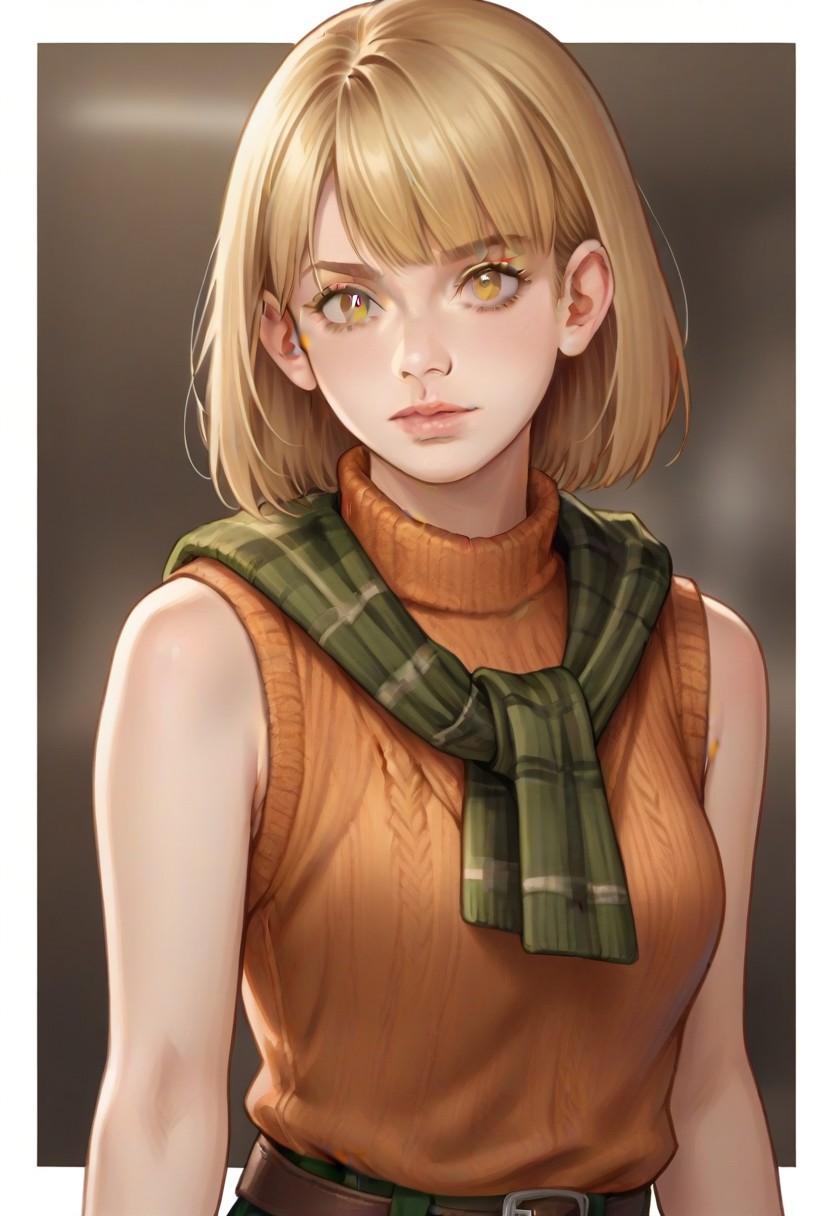 <lora:ashleygraham:0.9>, ashleygraham, photorealism, 1girl,solo,blonde hair,bob cut,bangs, golden eyes,orange turtleneck,sleeveless,brown sweater over shoulder,,green plaid skirt,brown belt, ,,,