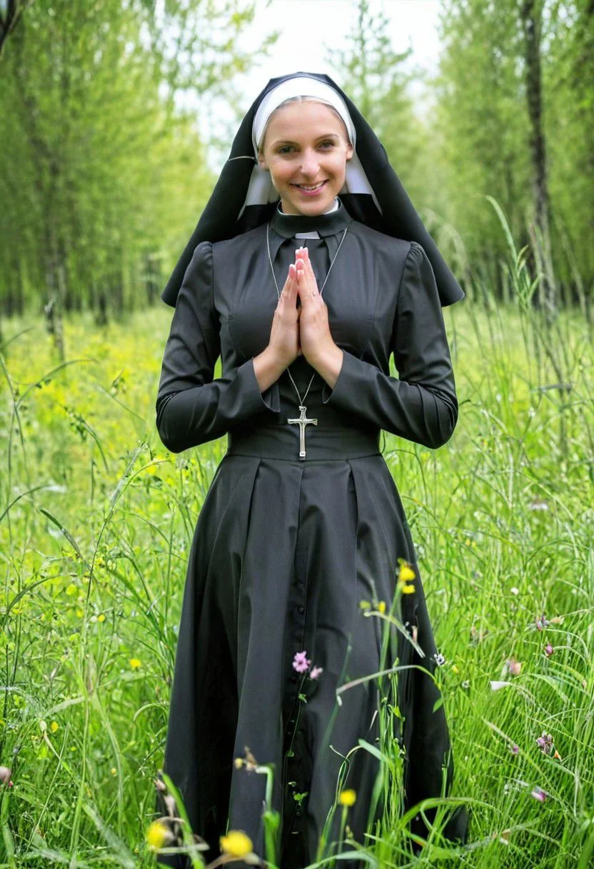Woman wearing nun outfit in nature, 35 years old