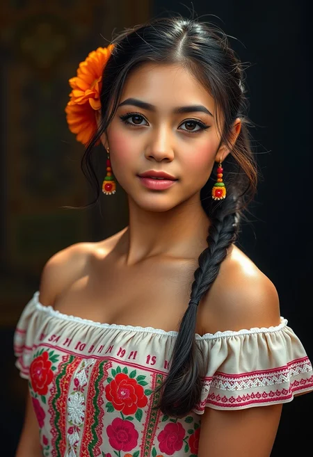 score_9, score_8_up, score_7_up, realistic lighting, photo, photorealistic, Latino girl portrait, off shoulders, wearing very detailed thin Mexican Traditionnal dress,