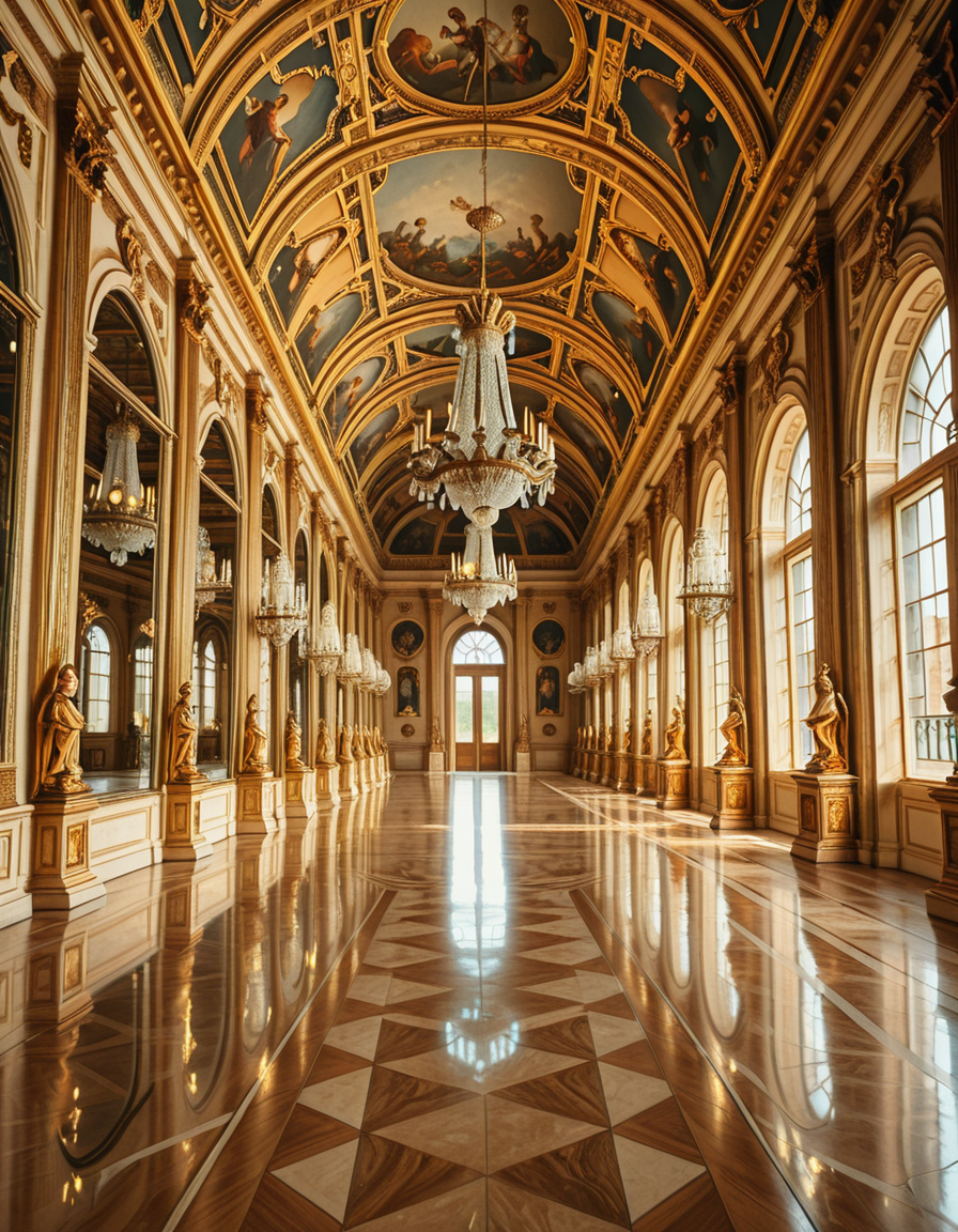 A breathtaking, photorealistic depiction of the Hall of Mirrors (Galerie des Glaces) at the Palace of Versailles in France, captured in golden afternoon light. The hall is grand and opulent, with a high arched ceiling painted with intricate Baroque frescoes. The walls are lined with tall arched mirrors on one side and large arched windows on the opposite side, flooding the space with natural light. Elegant crystal chandeliers hang from the ceiling, reflecting in the mirrors and sparkling with golden highlights. The marble floors are polished and gleaming, with rich, warm tones. Gilded statues and decorative elements frame the mirrors and doorways. The image style is ultra-detailed and photorealistic, with sharp textures and soft, warm lighting creating a majestic, timeless atmosphere. No people present, only the serene magnificence of the empty hall. Camera angle at eye level, centered down the hall, capturing the full length and symmetry of the space.
<lora:SDXLFaeTastic2400:0.4> <lora:extremely_detailed:0.4> extremely detailed,Hall of M1rr0rs, <lora:Hall_of_M1rr0rs-i:1>, Masterpiece,best quality,hi res,8k,hi res,8k,award winning,(sharp focus, intricate, highly detailed),