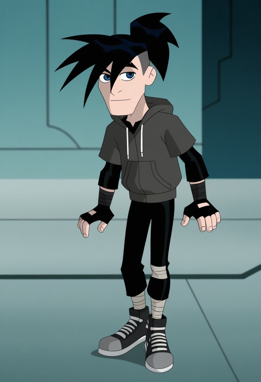 score_9, score_8_up, score_7_up, LevinDevlin, 2D animated, cartoon style 1boy, solo, Male, spiky hair with a ponytail, black hair, undercut, light skin, blue eyes, thin eyebrows, small nose, thin body, black long-sleeve shirt, gray short-sleeve, hoodie with white drawstrings, black pants, beige knee bandage, black and gray high-top sneakers, white soles, black fingerless gloves, in love