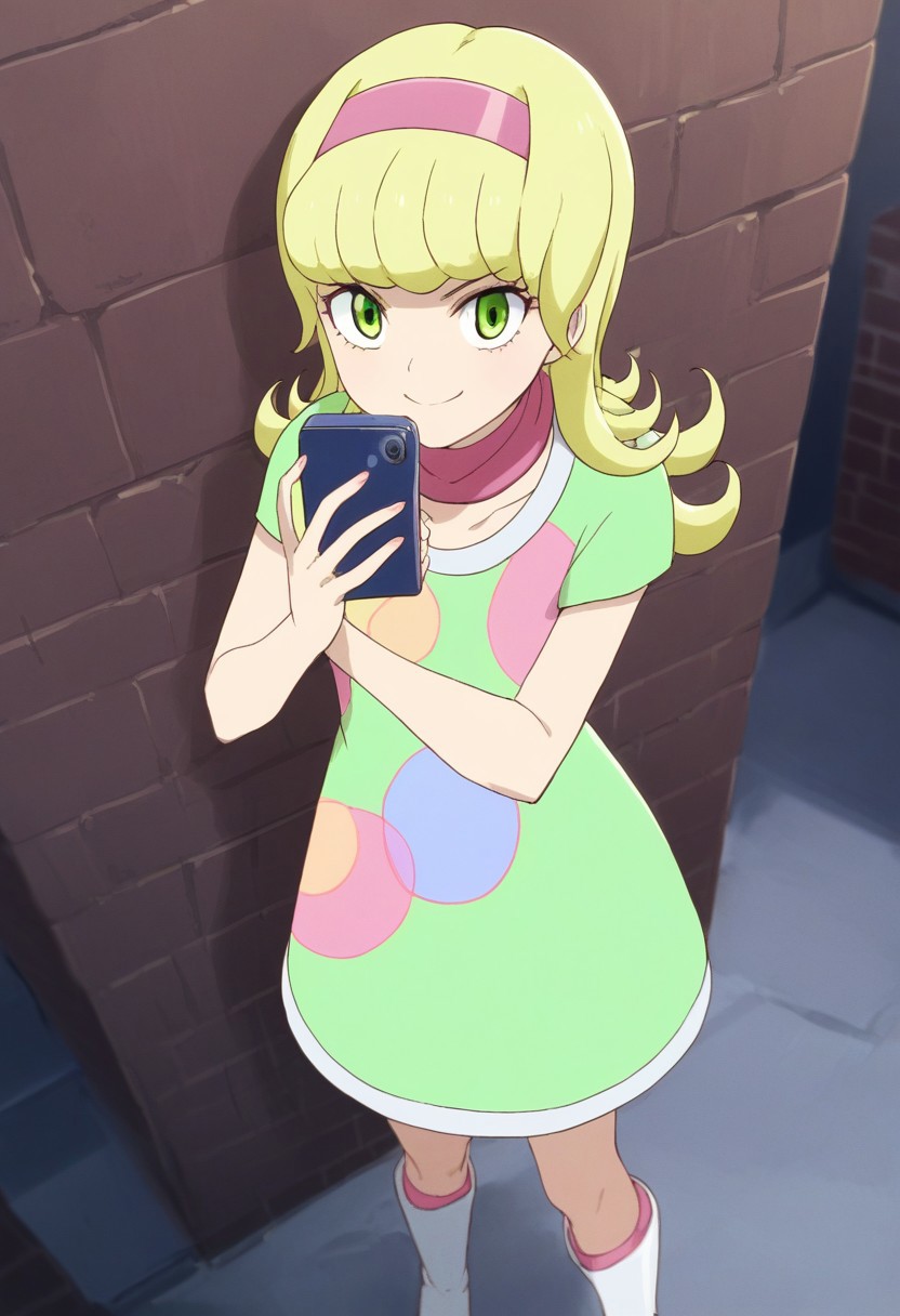 score_9, score_8, score_7_up, yuna goha, long hair, blonde hair, swirly bangs, green eyes, pink headband, happy face, pink headband, green dress, polka dot-patterned dress, pink scarf, white boots, outdoors, dark alley, leaning on a wall, holding a smartphone, looking at viewer,
