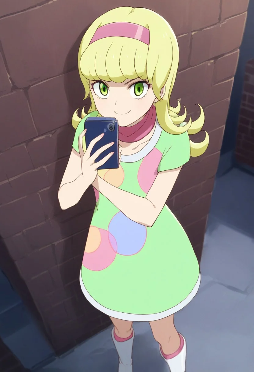 score_9, score_8, score_7_up, yuna goha, long hair, blonde hair, swirly bangs, green eyes, pink headband, happy face, pink headband, green dress, polka dot-patterned dress, pink scarf, white boots, outdoors, dark alley, leaning on a wall, holding a smartphone, looking at viewer,