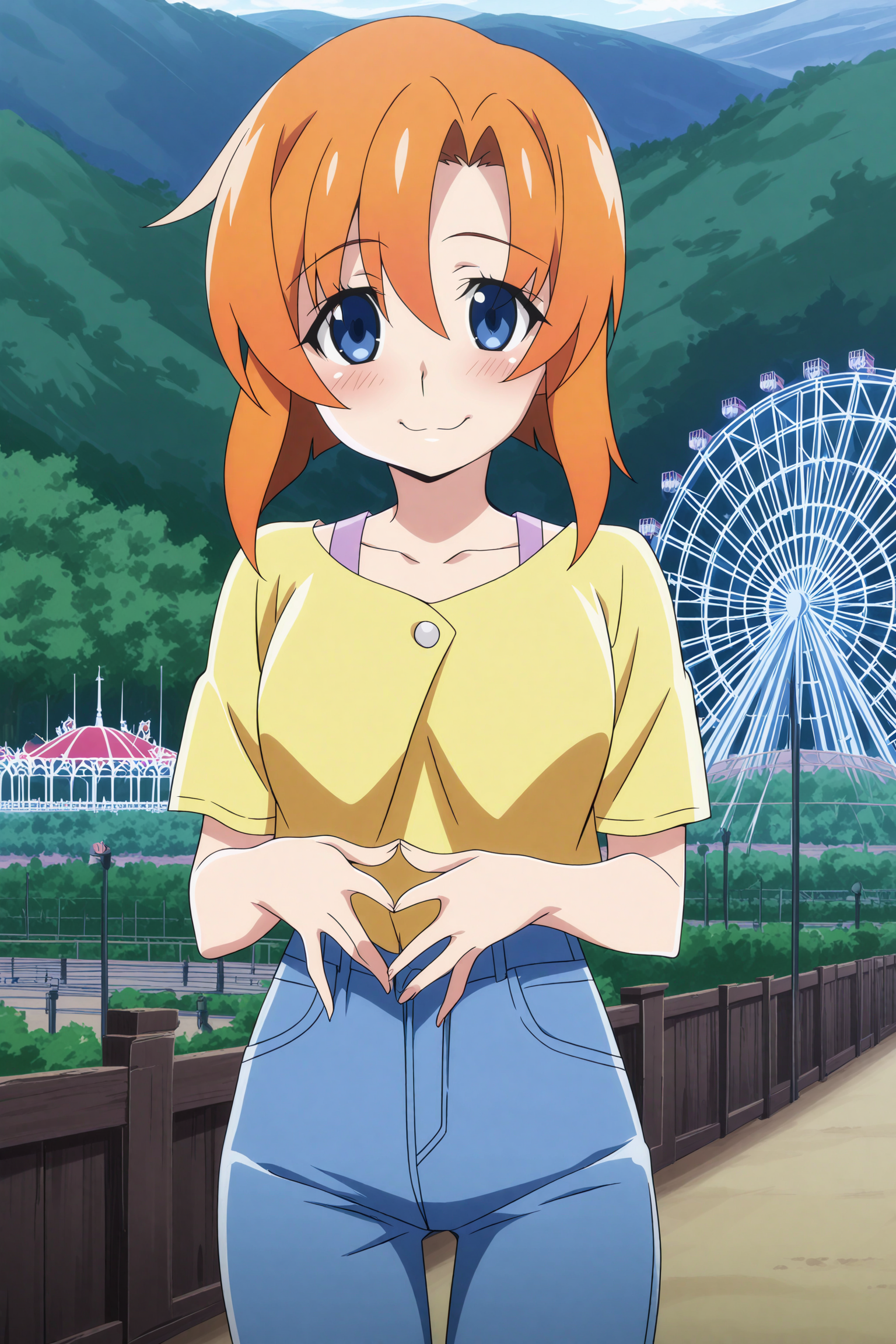 anime screencap, anime coloring, detailed face, masterpiece, best quality, very aesthetic, absurdres, volumetric lighting, official style, amazing quality, ultra detailed,  highres, amazing quality, scenery, beautiful detailed hair, beautiful detailed eyes, defined fingers,
<lora:StS-Illustrious-Detail-Slider-v1.0:4>
 <lora:Rena_Ryugu_Higurashi_When_They_Cry_-_Gou_and_Sotsu:.9>
outdoors, at an amusement park, ferris wheel in the background,
Rena yellow shirt outfit, Rena Ryugu (character), 1girl, blue eyes, ryuuguu rena, solo, short hair, blush, looking at the viewer, collarbone, orange hair, yellow shirt, hair between eyes, cowboy shot, denim jeans, embarrassed smile