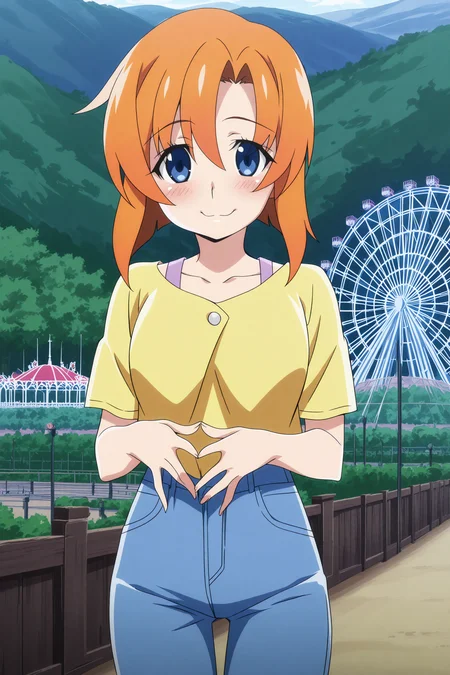 anime screencap, anime coloring, detailed face, masterpiece, best quality, very aesthetic, absurdres, volumetric lighting, official style, amazing quality, ultra detailed, highres, amazing quality, scenery, beautiful detailed hair, beautiful detailed eyes, defined fingers,
<lora:StS-Illustrious-Detail-Slider-v1.0:4>
<lora:Rena_Ryugu_Higurashi_When_They_Cry_-_Gou_and_Sotsu:.9>
outdoors, at an amusement park, ferris wheel in the background,
Rena yellow shirt outfit, Rena Ryugu (character), 1girl, blue eyes, ryuuguu rena, solo, short hair, blush, looking at the viewer, collarbone, orange hair, yellow shirt, hair between eyes, cowboy shot, denim jeans, embarrassed smile