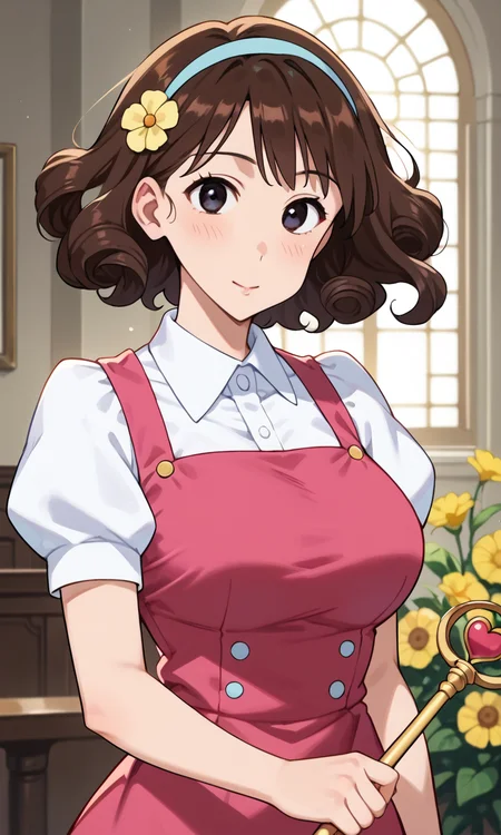 (1girl:1.5), (solo:1.3), (score_9, score_8_up, score_7_up, score_6_up, score_5_up, score_4_up), (source_anime), rating_questionable, looking at viewer, (upper body:1.3), indoors, fantasy, magical world, fancy,
(nohara-misae), (black eyes, brown hair, medium hair, curly hair, voluminous hair, fluffy hair, parody hair), (large breasts, wide hips, thick thighs), <lora:nohara-misae-misarin_v1:0.8> (magenta dress, sleeveless, white collared shirt, white puffy short sleeves, hair ornament, yellow flower, blue hairband, white socks, rolled socks, blue footwear, mary janes), (holding wand, heart-shaped wand)