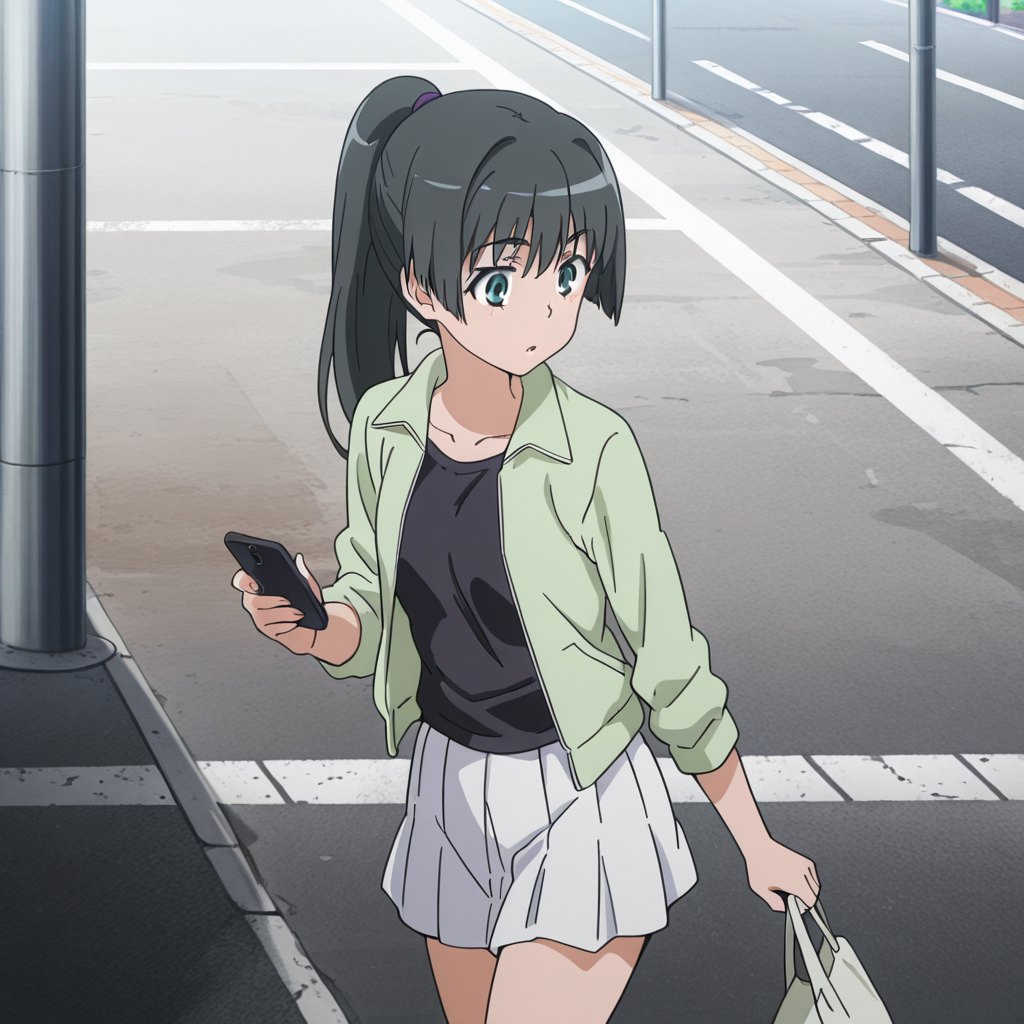 nsfw, masterpiece, best quality, amazing quality, 1girl, solo, index_railgun_saten_ruiko, walk, black hair, phone, green jacket, black shirt, short skirt, ponytail, cellphone, anime coloring, long hair, smartphone, shirt, street,<lora:Saten_Ruiko_-_Index_Railgun:0.7>
