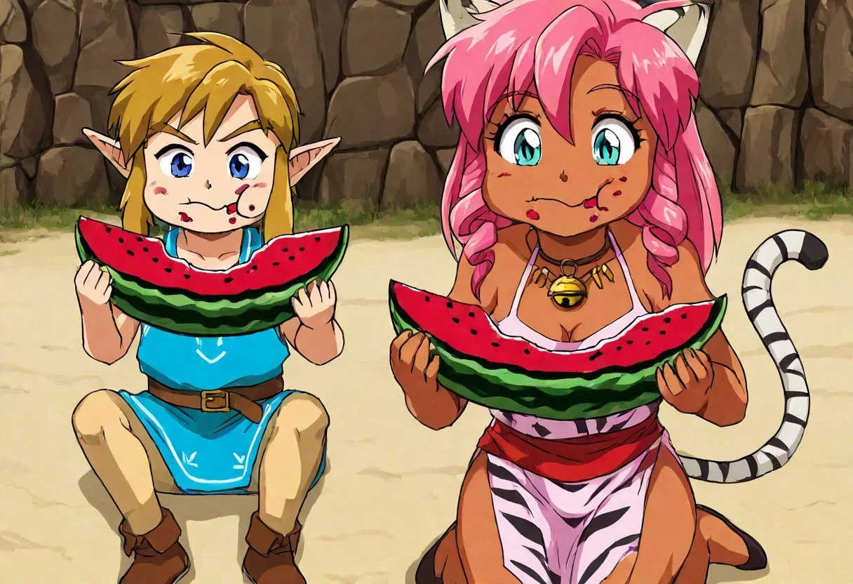 Pink_DragonPink, 1girl, sleeveless dress, white tiger print dress, pelvic curtain, cleavage, cat bell necklace, white tiger tail, red sash, small breasts, leather shoes, masterpiece, very aesthetic, <lora:pink-illustrious:1>,
Break
1boy,Anime screencap,link (zelda),blonde hair,blue eyes,pointy ears, low ponytail, sidelocks, wearing blue hyilian tunic,
Break
Sunny day at a beach, sitting on beach, eating, comedic expression, happy expression, closed mouth, chewing, munching, holding, holding food, eating, food in hands, Pink and Link eating watermelon