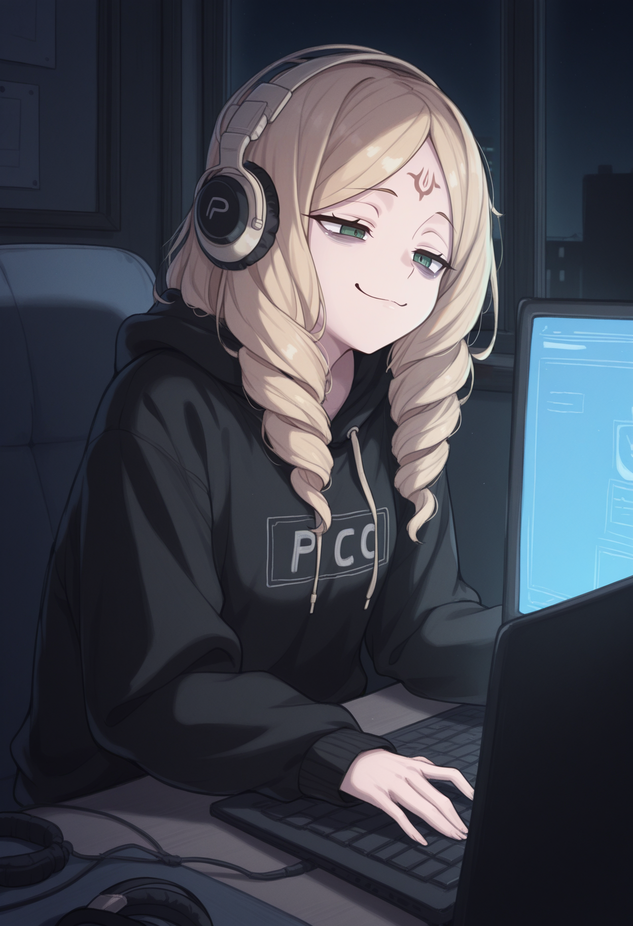 masterpiece, best quality, 1girl, solo, <lora:NSEmmerynAwoke:0.8> NSEmmerynAwoke, blonde hair, green eyes, long hair, forehead mark, drill hair, black hoodie, bags under eyes, PC, computer, headphones, indoors, room, smug, dark, night