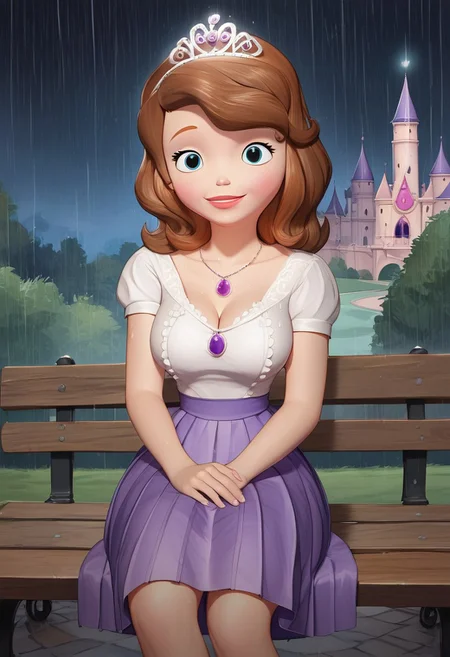score_up_8, score_up_9, 1girl, white blouse,lace blouse, violet skirt, miniskirt, pleated skirt,sofia_the_first, tiara necklace, brown hair, medium breasts, background near castle,rain, night sky, at park, sitting on bench, looking at viewer, huge cleavage, wet dress, seducatuve smile, provocative pose,