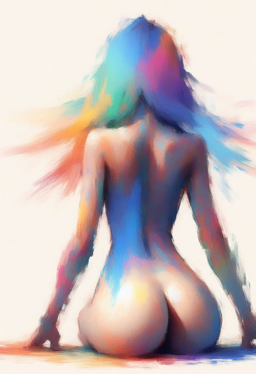 digital painting, impressionist style, bold brush strokes, 1girl, naked, perfect rounded butt, colorful,  simple background