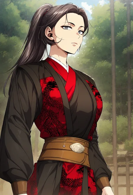 score_9, score_8_up, score_7_up, score_6_up, source_anime, rating_explicit, 1girl, (solo:1.1), huge breasts, <lora:So Ryu prefectPonyxl:1> ponytail, long hair, brown hair, grey eyes, black hair, scar on face, chinese clothes, black robe, red kimono, dragon print, brown belt, long sleeves, expressionless, forest, outdoors, looking at viewer, standing