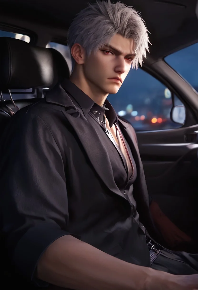 1boy, solo, male focus, toned male, Sylus_(Love_and_Deepspace), Sylus, Qinche, White hair, Red eyes, pale skin, detailed eyes, satisfaction, satisfied, neutral, sad looking,
dark theme, night, intense shadow, intimidating, chest close to viewer, dark light, no light, dark out, shadow,
(black coat over shoulder:1.1), black collar shirt, black vest, black collar shirt button, wearing a tie, black pants, sweaty hair, long sleeves, modest clothing, looking at viewer, from side view,
sitting inside a car, sit inside a car, riding a car, front view, seductive, romantic, in a car, (lounging:1.1), relax
rating PG, score_9,score_8_up,score_7_up, source_anime, male focus, Muscular, big thigh, big thigh, big chest, hung, manly, tall, detailed eyebrow, sharp eyebrows, focus on thigh, hairy thigh, thigh focus, random view