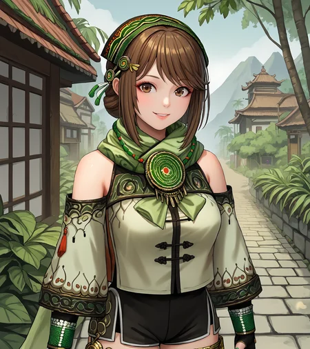 score_9, score_8_up, score_7_up, score_6_up, score_5_up, score_4_up, BREAK source_anime,
1girl, solo, <lora:BaoSanniangDW9:0.9>, Bao Sanniang, brown eyes, brown hair, medium hair, hair ornament, medium breasts, jewelry, green top, green scarf, bare shoulders, detached sleeves, black shorts, fingerless gloves, legband, sandals, green nail polish,
looking at viewer, smile,
outdoors, jungle, village, cobblestone street, feudal chinese village, building, distant mountains,
upper body, portrait
<lora:rhasta:1>,