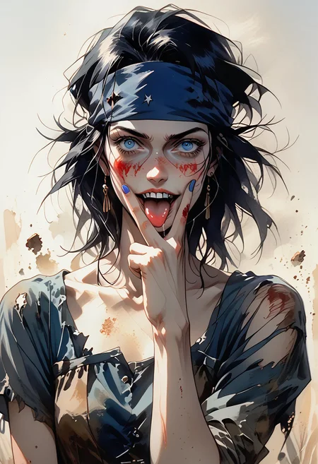 score_9, score_8_up, score_7_up,  BREAK, source_manga, source anime, (((eyes the same color))), style of 80scartoon
BREAK
4K, detailed, watercolor, color comic style of a (((scuzzy perverted:1.5)) twisted insane evil villainous deathly pale white female nord, 30 years old with matching pale grey blue eyes with bags under them and a wide sadistic grin.  She has (((very messy long black hair falling over a dirty and bloody blue headband bandana))), slightly toned arms and legs, small breasts, tattered blue maiden dress with he sleeves ripped off and hem cut high, leather corset, (((resembles Jeanna Fine:1.5)))
<lora:cunnilingus-gesture-ponyxl-lora-nochekaiser:1>, cunnilingus gesture, v over mouth, tongue out, tongue, v, saliva,