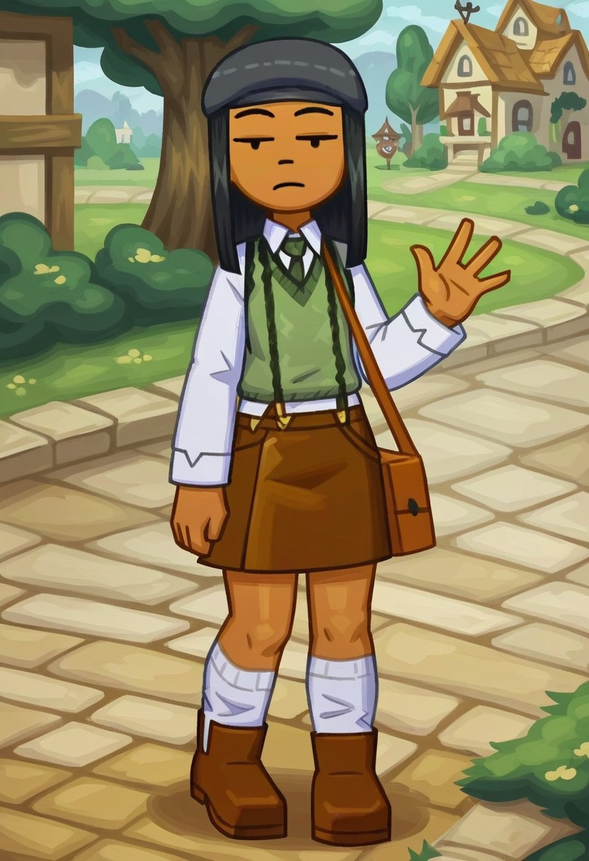 score_9_up, score_8_up, score_7_up, score_6_up, 1girl, solo, J3nny_MySims, dark-skinned female, adult, long black hair, sweater vest, long-sleeved shirt, skirt, suspenders, white socks, brown footwear, hat, shoulder bag, jitome, expressionless, waving, standing, outdoors, quaint town, (painted art)