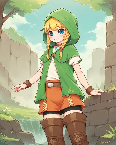 score_9, score_8_up, score_7_up, source_anime, solo, 1girl, linkle, nintendo, the legend of zelda, braid, twin braids, choker, thigh boots, zettai ryouiki, hood, <lora:linkle_PDXL-000001:1> <lora:kionant_PDXL:1>