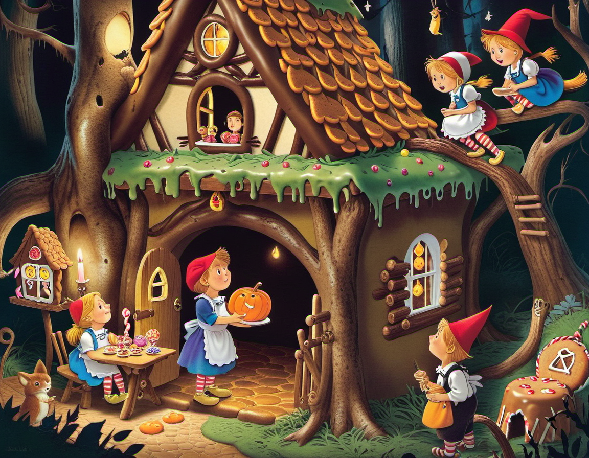 "Hansel and Gretel" - The Witch's House, Gingerbread House Discovery, Witch's Capture, Children's Strategy, Spooky Sweetness, Forest Dilemma, Suspenseful Moment. character, detailed, sub surface scattering, sharp focus <lora:OldillXL_0.4_RC:0.5>