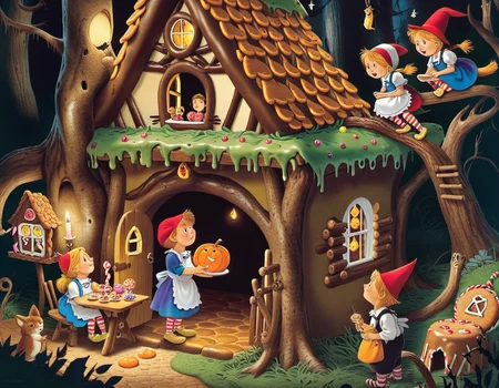 "Hansel and Gretel" - The Witch's House, Gingerbread House Discovery, Witch's Capture, Children's Strategy, Spooky Sweetness, Forest Dilemma, Suspenseful Moment. character, detailed, sub surface scattering, sharp focus <lora:OldillXL_0.4_RC:0.5>