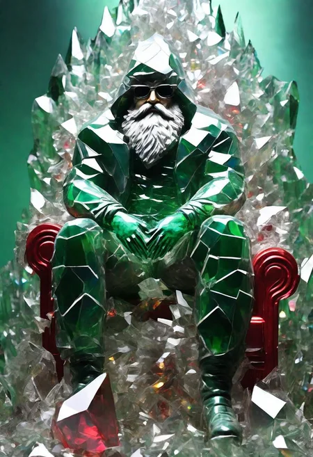 scarlem, shards, glass, brocken glass, transparent glass, pieces of glass, Made_of_pieces_broken_glass, santa, sitting on throne, green outfit, close up, feirce face, eye patch, christmas deco at background.