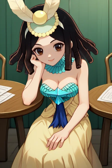 score_9, score_8_up, score_7_up, score_6_up, source_anime BREAK 1girl, solo, <lora:dsamaryllis-pdxl-nvwls-v1-000005:1> dsamaryllis, dreadlocks, medium hair, headdress, detached collar, strapless dress, long dress, cleavage, medium breasts, sitting, chair, sitting in chair, table, looking at you, smile
