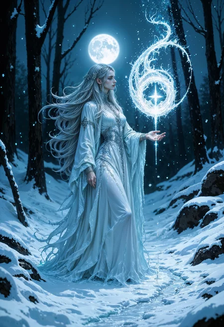 An1meL1nes, In a frigid, enchanted forest, a frost enchantress moves gracefully through the frozen landscape. Her skin shimmers like ice, and her long, silvery-blue hair trails behind her like a frozen river. She wears a gown made of frost and icicles that glimmer in the faint moonlight. In her hands, she conjures a swirling snowstorm that seems to have a life of its own. The atmosphere is cold, eerie, and ethereal, with snowflakes gently falling, captured in a soft focus, highlighting the intricate details of her icy magic. <lora:FluxMythAn1meL1nes:1>