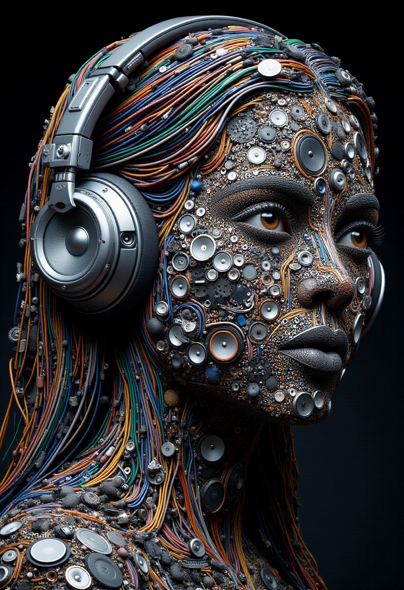 <lora:Audio_Artisan_FLUX:0.9>
Realistic photo of a woman made entirely of various electronic components and audio equipment.