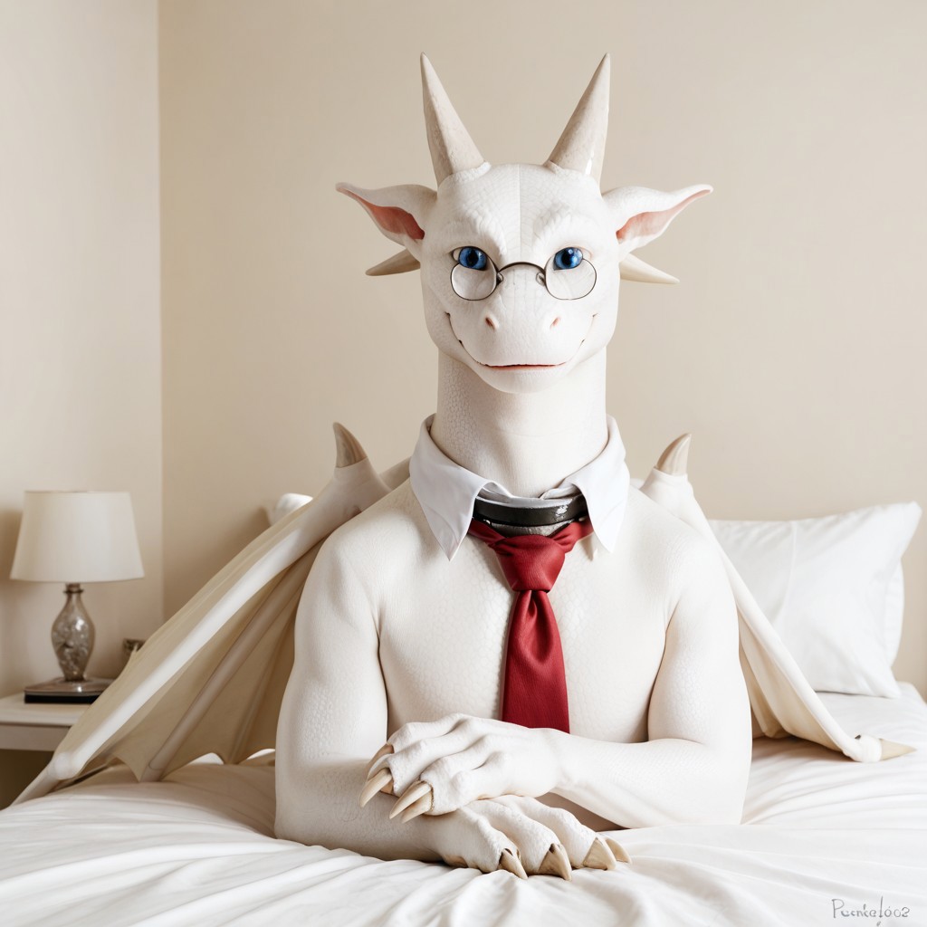 score_9, score_8_up, score_7_up, score_6_up, masterpiece, high quality, realistic, detailed, best quality, 1boy, solo, rating_safe, source_furry, bedroom, white bed, smiling, looking at viewer, friendly, on bed, negative_hand, remy_awsw, dragon, white scales, wings, horns, tail, claws, glasses, red tie, necktie, collar, blue eyes, male, 1boy, feral