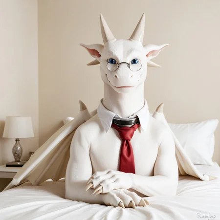 score_9, score_8_up, score_7_up, score_6_up, masterpiece, high quality, realistic, detailed, best quality, 1boy, solo, rating_safe, source_furry, bedroom, white bed, smiling, looking at viewer, friendly, on bed, negative_hand, remy_awsw, dragon, white scales, wings, horns, tail, claws, glasses, red tie, necktie, collar, blue eyes, male, 1boy, feral