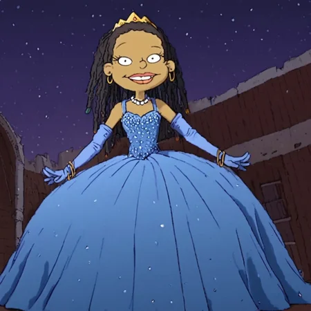1girl, solo, susie_carmichael, black hair, dreadlocks, Very long large straight tulle blue princess ball gown hoop skirt, ball gown hoop skirt, blue princess dress, pearl necklace, hoopdress, my big princess gypsy dress, ballgown, a girl in a dress posing like a princess for a picture, wearing a sleeveless ballgown, looking at viewer, smiling like a princess, posing like a princess, golden tiara, crown, long gloves, golden hoop earrings, rings, and bracelets, full view of her entire gown, score_9, score_8_up, score_7_up, masterpiece, absurdres, source_cartoon, perfect anatomy, outdoors, night, starry sky, smile, looking at viewer, sexy pose,
