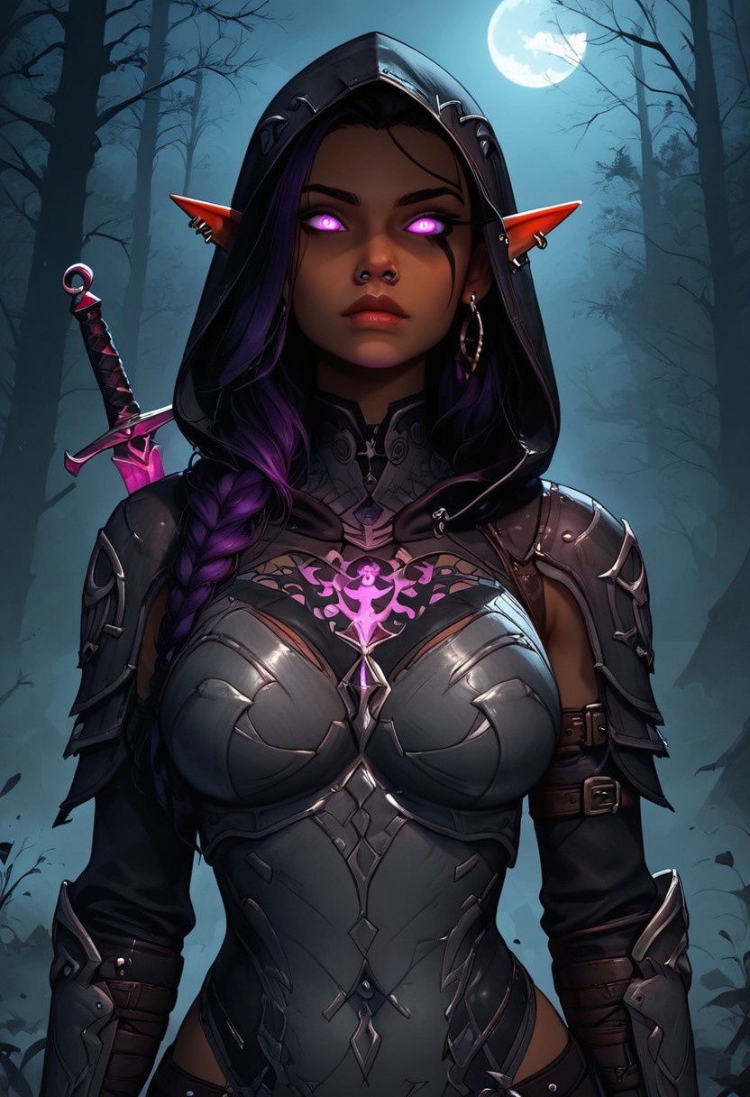 score_9,score_8_up,score_7_up,score_6_up,score_5_up, masterpiece, best_quality, ultra-detailed, Fantasy style, 
((Highly detailed, cinematic lighting, dark and mystical atmosphere)), closeup, upper body shot,
1girl, dark elf, elf ears, drow, grey skin, assassin, n1ght1ng4l3, armor, thigh boots, gauntlets, hood, glowing eyes, purple eyes, leather, (dagger, bow \(weapon\), quiver), straps, equipment, piercings,
Dark Forest, leaves, Shadows, at night, night, Moon, cloudy skies, godrays, godrays coming through leaves on trees, fog, mist, fog covering body from the waist down, heavy fog, heavy mist, mist covering the ground, eerie, dramatic lighting,