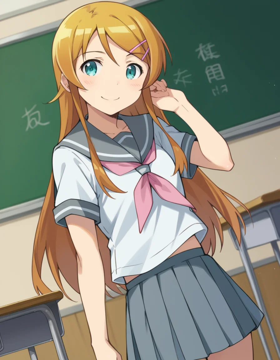 score_9, score_8_up, score_7_up, source_anime,
kirinokousaka, <lora:kirino-kousaka-s2-ponyxl-lora-nochekaiser:1>,
kirino kousaka, long hair, blue eyes, hair ornament, hairclip, orange hair, aqua eyes,
skirt, school uniform, serafuku, shirt, white shirt, grey sailor collar, grey skirt, pleated skirt, neckerchief, pink neckerchief,
indoors, classroom, smile,
looking at viewer, cowboy shot, solo, dutch angle,