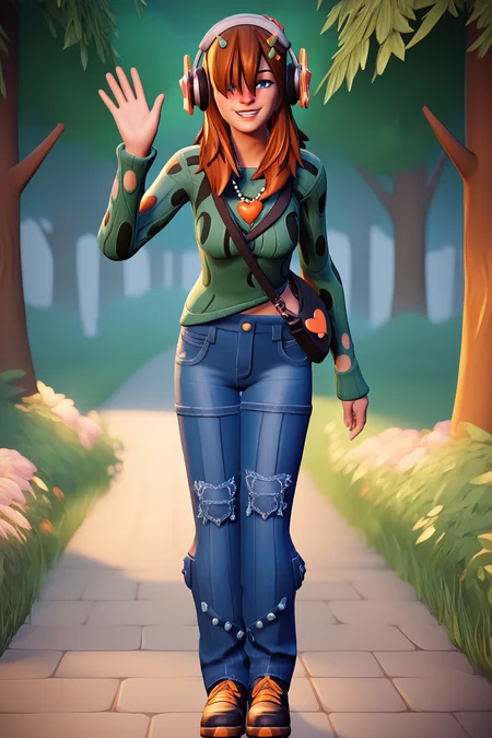 score_9, score_8_up, score_7_up, score_6_up, BREAK, PJFOPXL, blue eyes, brown hair, long hair, hair over one eye, hair ornament, headphones, medium breasts, necklace, green sweater, long sleeves, bag, denim pants, black shoes, solo, full body, standing, waving, seductive smile, looking at viewer, naughty face, nose blush, forest <lora:PJFOPXL_r2:1>