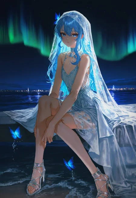 by [lack|fuzichoco|lam|kinta \(distortion\)|wlop|nixeu|happoubi jin|miyajima reiji], by quasarcake, impasto,
aurora, hoshimachi suisei, 1girl, solo, sitting, blue hair, high heels, sandals, breasts, blue butterfly, blue eyes, long hair, water, looking at viewer, dress, night, sky, veil, 
very awa, masterpiece, best quality, very aesthetic, absurdres
<lora:illustrious_noobai_epsilon_pred_11_winter_collection_v11:1>