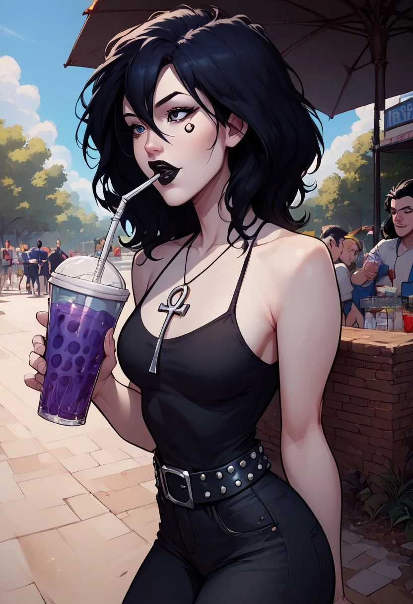 score_9, score_8_up, score_7_up, dc comics sandman death, 1girl, black hair, medium hair, hair between eyes, black eyes, pale skin, medium breasts, facial mark, ankh necklace, black top, bare shoulders, black pants, denim, studded belt, black lips
drinking smoothie, straw, public park, nature, seductive, blue sky