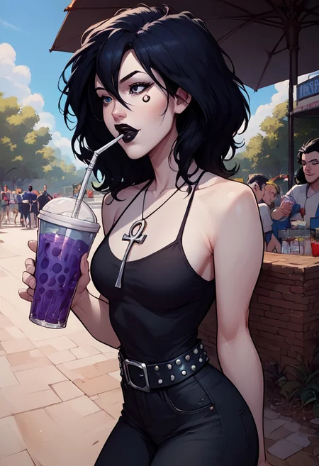 score_9, score_8_up, score_7_up, dc comics sandman death, 1girl, black hair, medium hair, hair between eyes, black eyes, pale skin, medium breasts, facial mark, ankh necklace, black top, bare shoulders, black pants, denim, studded belt, black lips
drinking smoothie, straw, public park, nature, seductive, blue sky