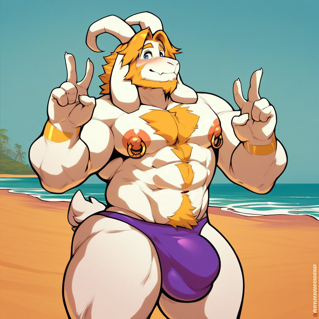 furry, Asgore Dreemurr, goat boy, older, mature, cartoon style, 2d, male, thick thighs, blue eyes, wide hips, voluptuous, blushing, smiling softly, sexy, peace sign with left hand, standing, purple speedo, large bulge, topless, muscular male, abs, large pectorals, big nipples, gold nipple ring piercings, beach, solo, score_9, score_8_up, score_7_up, score_6_up, score_5_up, score_4_up,