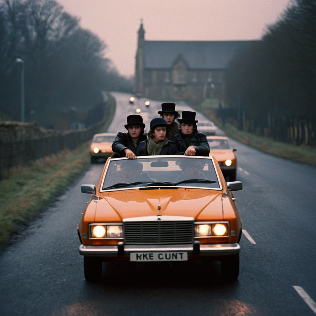 cinematic film still of  <lora:perfection style:0.5> <lora:detailed:0.5> perfection detailed
 <lora:Clockwork Orange film style:0.9>
In a futuristic dystopian Britain a group of gang people riding in a car,1girl,hat,multiple boys,parody,ground vehicle,motor vehicle,4boys,realistic,car,vehicle focus,driving , cinematic, film, kodak, Clockwork Orange film style, iconic car, dricing to the camera, headlights, shallow depth of field, vignette, highly detailed, high budget, bokeh, cinemascope, moody, epic, gorgeous, film grain, grainy
