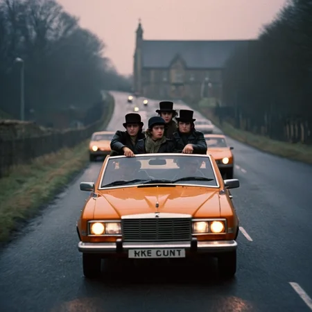 cinematic film still of <lora:perfection style:0.5> <lora:detailed:0.5> perfection detailed
<lora:Clockwork Orange film style:0.9>
In a futuristic dystopian Britain a group of gang people riding in a car,1girl,hat,multiple boys,parody,ground vehicle,motor vehicle,4boys,realistic,car,vehicle focus,driving , cinematic, film, kodak, Clockwork Orange film style, iconic car, dricing to the camera, headlights, shallow depth of field, vignette, highly detailed, high budget, bokeh, cinemascope, moody, epic, gorgeous, film grain, grainy
