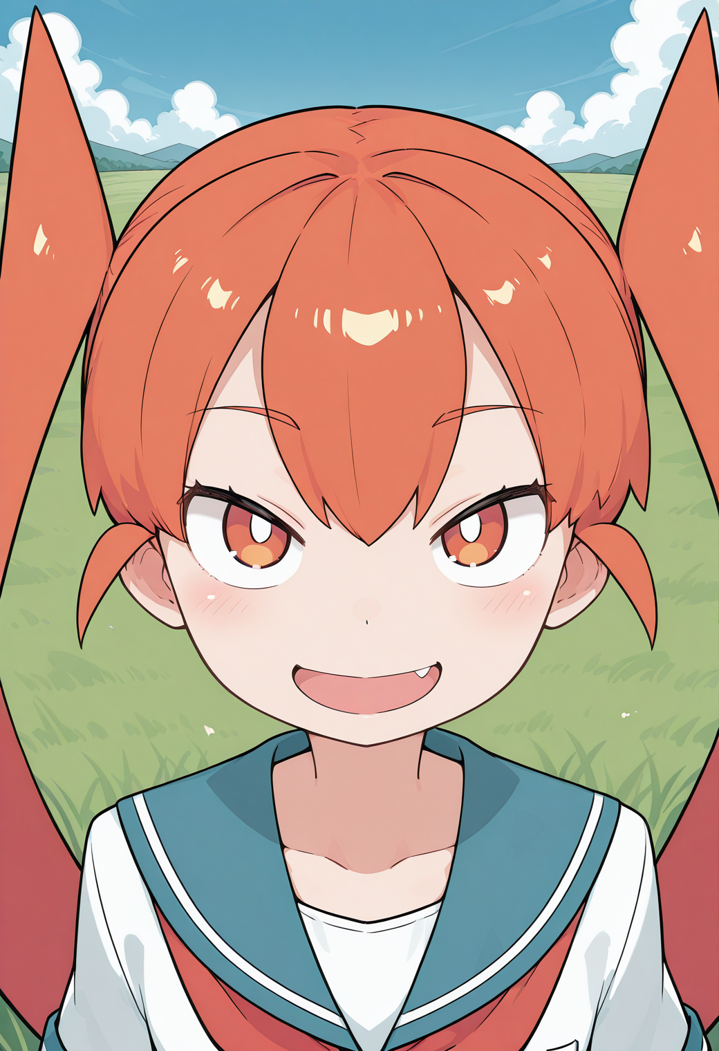 ueno, white pupils, orange eyes, orange hair, long hair, very long hair, twintails, school uniform, serafuku, sailor collar, <lora:ueno_illustrious_ver1:0.8> 
smile, open mouth, fang,, masterpiece, best quality, sensitive,, 1girl, solo, blue sky, (grasslands:1.2), looking at viewer,, (upper body:1.2), (close-up:1.2), (facing viewer:1.2), (open eyes:1.4), (portrait:1.2)